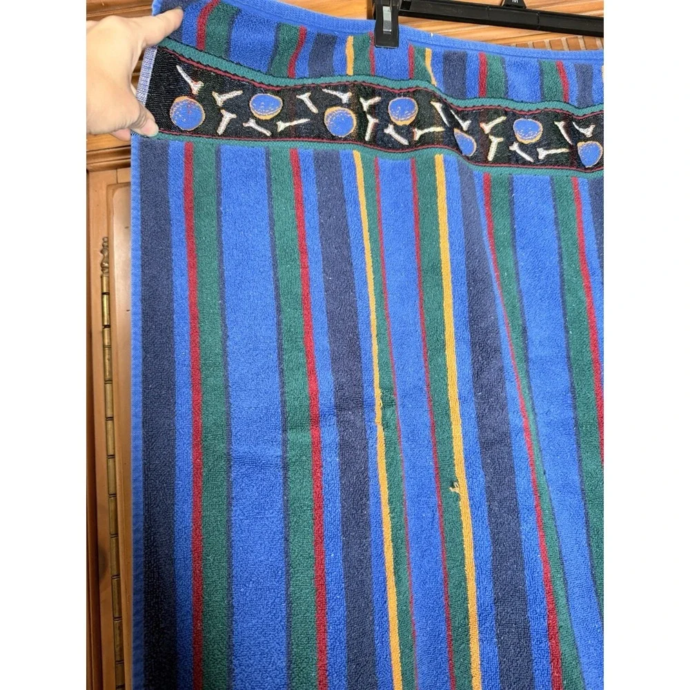 Vintage Retro 90s Beach Towel Golf Balls & Tees Plush Stripes Blue Green Yellow